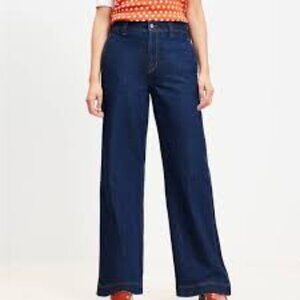 LOFT The Wide Leg High Rise Dark Wash Trouser Jeans Denim Women's 14
